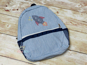 Blue seersucker backpack with Rocket