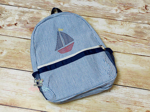 Personalized Blue seersucker backpack with Sailboat