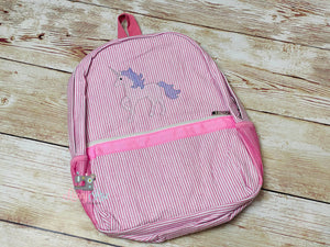 Personalized Pink seersucker backpack with Unicorn