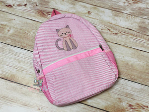 Personalized Pink seersucker backpack with Kitty Cat