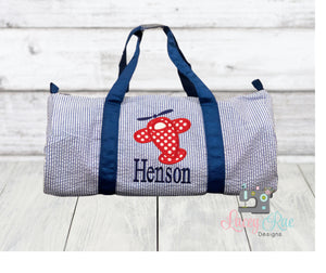 Navy Seersucker Duffel Bag with airplane applique and name