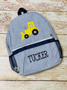 Boys Seersucker Backpack with Bachkoe construction Tractor Applique