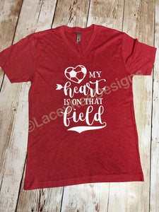 Soccer mom shirt, my heart is on the field graphic tee, crew neck or v neck triblend tee, color options, Ladies tee, Womens Tee, mom shirt