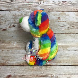 Personalized Stuffed Animal Rainbow Bear, Monogrammed, , Baby Shower Gift, Appliqué, Birth announcement, Birth stats, rainbow baby