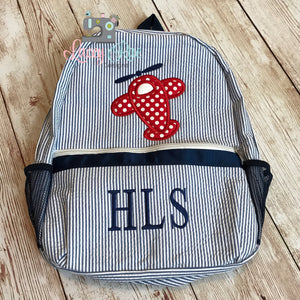 Blue Seersucker Preschool Backpack with Airplane Applique