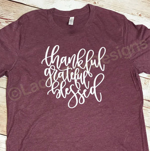 Thankful Grateful and Blessed Maroon triblend Fall tee,  vinyl shirt, crew neck triblend tee,ladies Fall shirt, Fall graphic tee, thankful