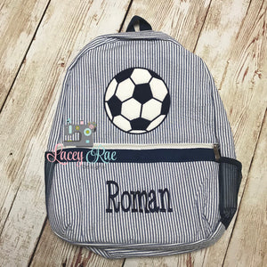 Boys Seersucker Preschool Backpack with Baseball Bats and Ball