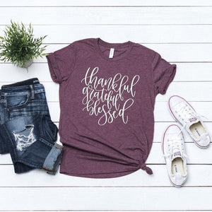Thankful Grateful and Blessed Maroon triblend Fall tee,  vinyl shirt, crew neck triblend tee,ladies Fall shirt, Fall graphic tee, thankful