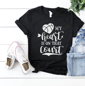 Basketball mom shirt, my heart is on the court, crew neck or v neck triblend tee, color options, Ladies graphic tee, Womens Tee, mom shirt