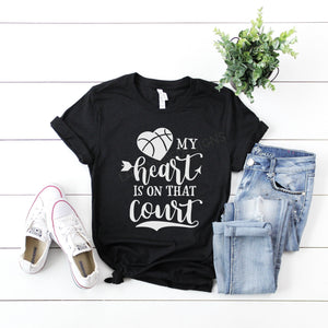 Basketball mom shirt, my heart is on the court, crew neck or v neck triblend tee, color options, Ladies graphic tee, Womens Tee, mom shirt