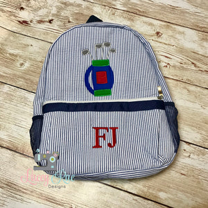 Blue Seersucker Preschool Backpack with Golf Bag Applique