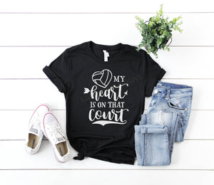 Volleyball mom shirt, my heart is on the court, crew neck or v neck triblend tee, color options, Ladies tee, Womens Tee, mom shirt