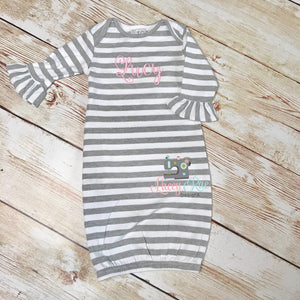 Monogrammed gray and white baby gown, personalized newborn baby gown, Going home outfit for baby boy or girl, monogrammed baby gown