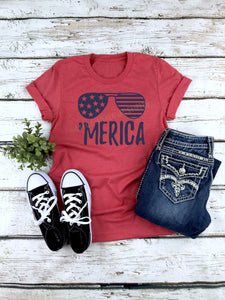 Merica vinyl shirt, 4th of july, memorial day, sunglases, patritoic, crew neck or v neck triblend tee, color options, Ladies tee, Womens Tee