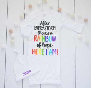 After Every Storm there is a rainbow of hope Baby gown, newborn baby gown, Going home outfit for baby boy or girl, rainbow baby gift