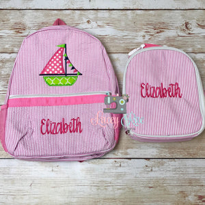 Girls Seersucker Preschool Backpack with Sailboat Applique