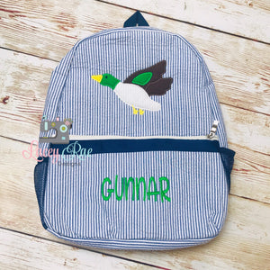 Boys Seersucker Preschool Backpack with Mallard Duck Applique
