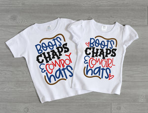 Boots, Chaps, and Cowboy or Cowgirl Hats shirt, rodeo shirt for kids, rodeo sibling shirts, toddler rodeo shirt, cowgirl or cowboy tee