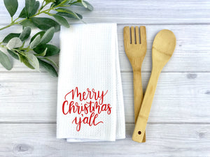 Merry Christmas Yall dish Towel, Personalized tea towel, Christmas Home Decor, Custom tea towel, Farmhouse Decor, Christmas gift, Hostess