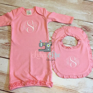 Custom Personalized Monogrammed Baby set, Gown, and bib
