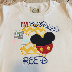 I'm Twodles, Personalized custom mickey mouse 2nd birthday shirt, Two, mickey applique birthday shirt