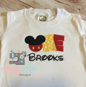 Personalized custom mickey mouse 1st birthday shirt, One, mickey applique birthday shirt, Mickey birthday party