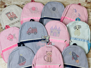 Personalized Pink seersucker backpack with Elephant
