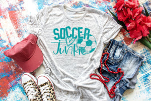 Soccer Junkie Shirt, Soccer mom or player shirt, Ladies soccer shirt, sublimated shirt,  soccer game shirt, soccer gift